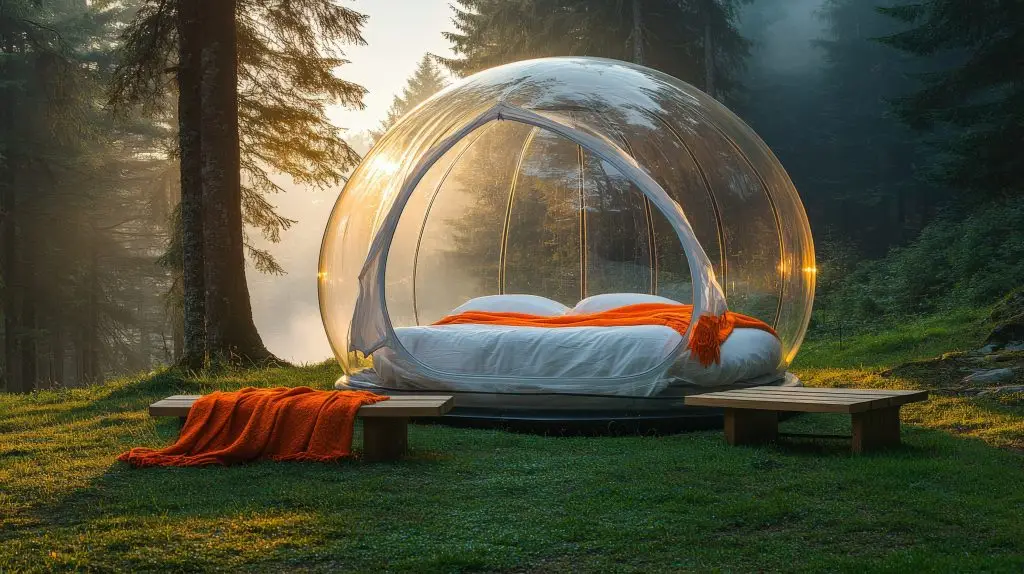 Transparent bubble tent features soft bedding and a vibrant throw, nestled in peaceful morning fog at forest edge.