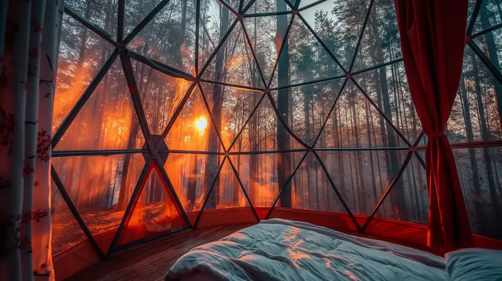 View from inside the dome tent in the morning time with the sun rise,